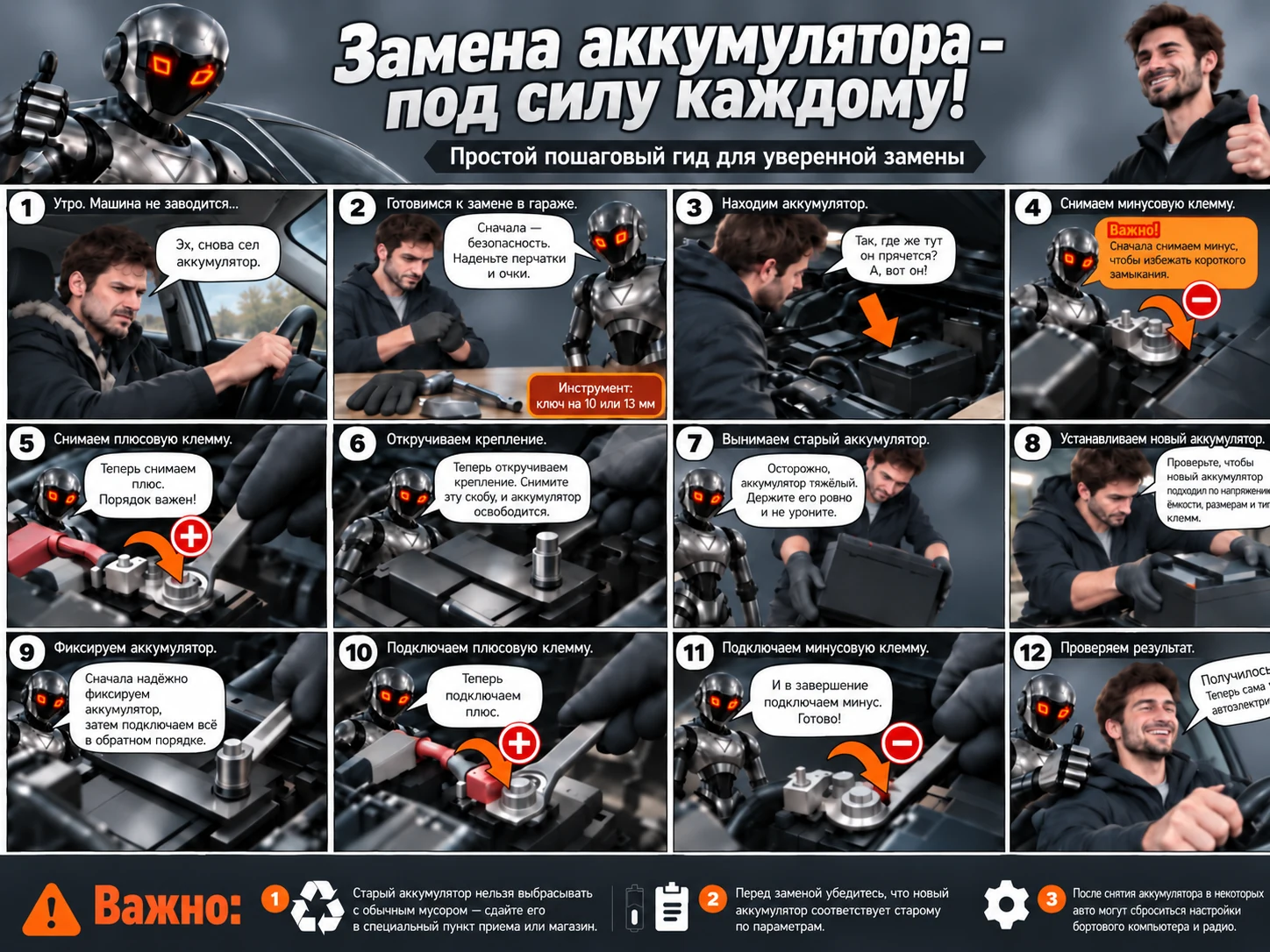 Комикс: пошаговая замена аккумулятора в 12 шагах